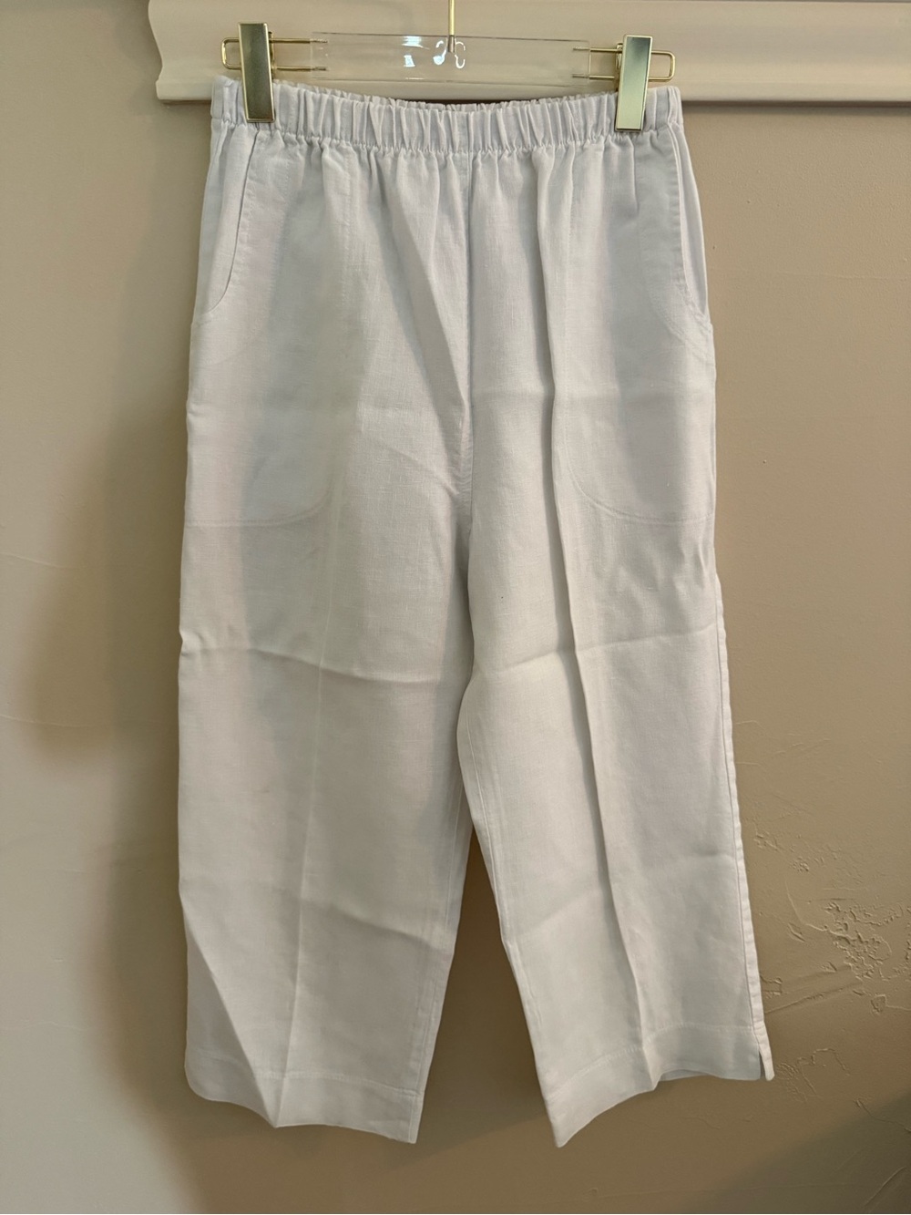Mosaic White Elastic Waist Linen-Blend Crop Pants